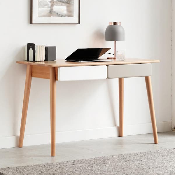Noble House Miralune 47.24 in. Rectangular Natural Modern Beech Wood 2-Drawer Desk