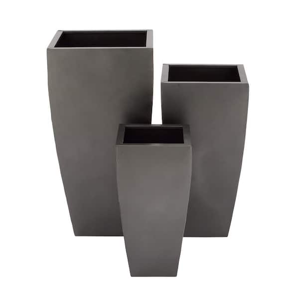 Photo 1 of 15 in. x 30 in. Dark Gray Metal Indoor Outdoor Light Weight Planter with Tapered Base and Polished Exterior (Set of 3)