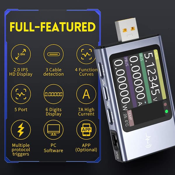Multimetro USB 2.0 con display digitale LCD per misurare tensione, amperaggio e potenza | Leroy