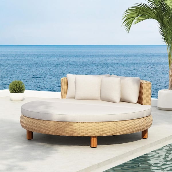 Addy Patio Wicker and Metal Frame Outdoor Day Bed with Beige Cushion and 4 Pillows, Natural Finish, Solid Wood Legs