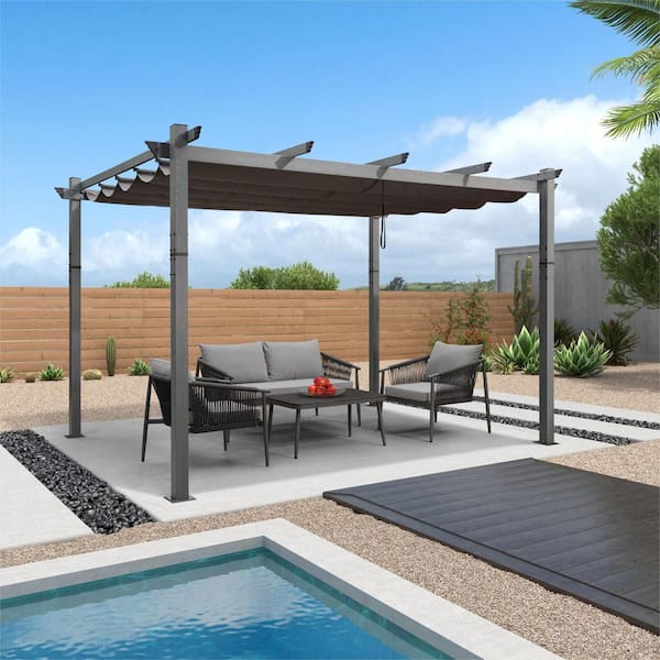 PURPLE LEAF 10 ft. x 13 ft. Grey Aluminum Outdoor Retractable Pergola with Sun Shade Canopy for Garden Porch Beach Pavilion