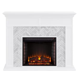 Doris Marble Tiled 50 in. Electric Fireplace in White and Gray
