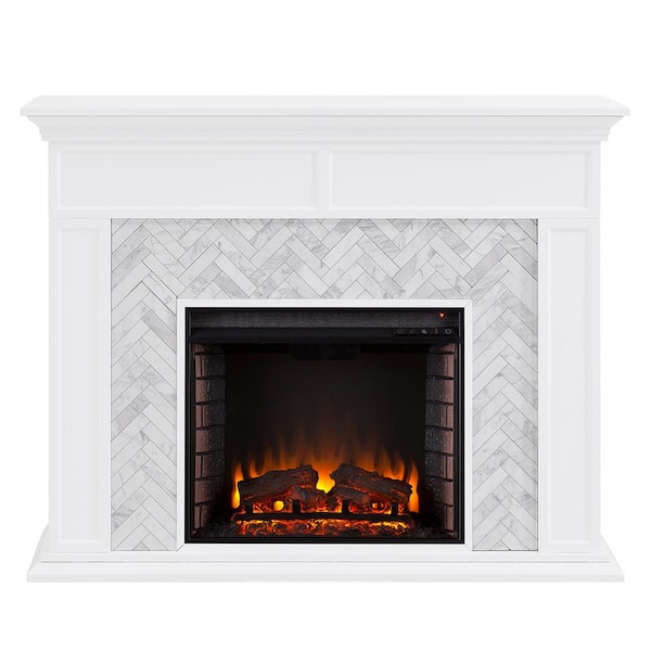 Doris Marble Tiled 50 in. Electric Fireplace in White and Gray