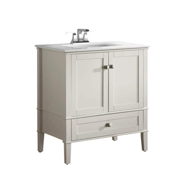 Simpli Home Chelsea 30 in. Bath Vanity in Soft White with Engineered Quartz Marble Vanity Top in White with White Basin