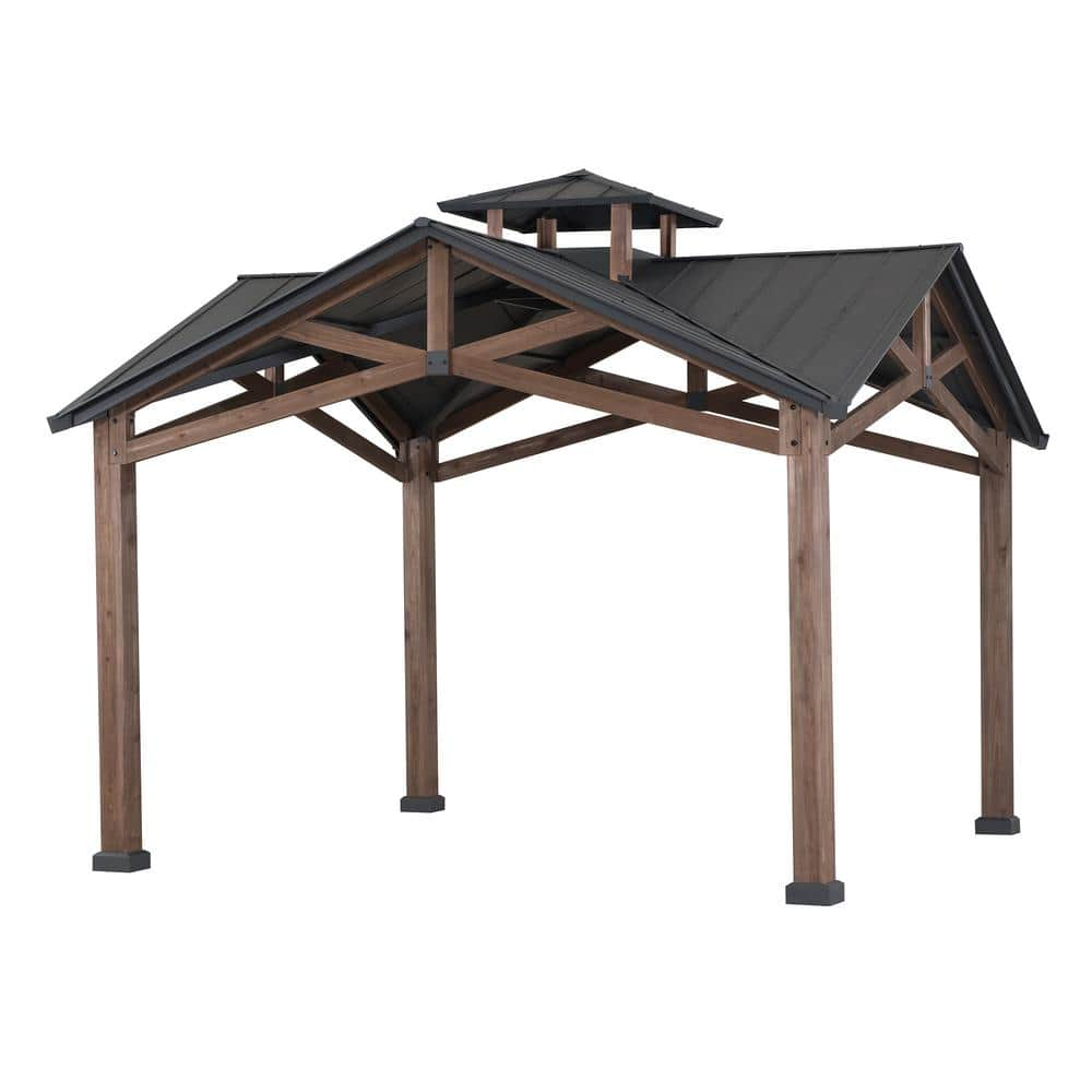 Sunjoy Bella 12 5 Ft X 12 5 Ft Cedar Framed Gazebo With Black Steel 2 Tier Hardtop Roof