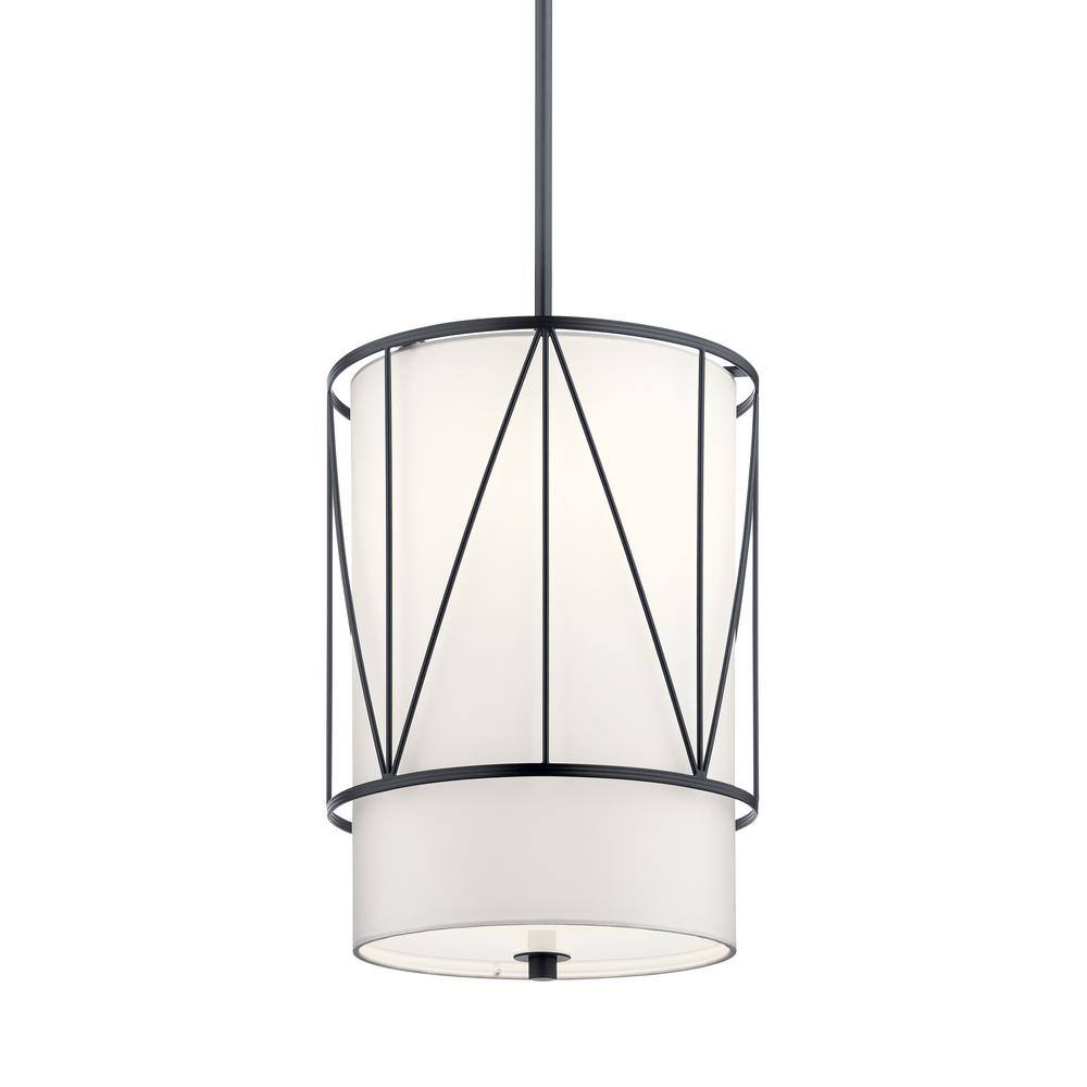Birkleigh 12" Black Transitional Drum Pendant with Satin Etched Glass
