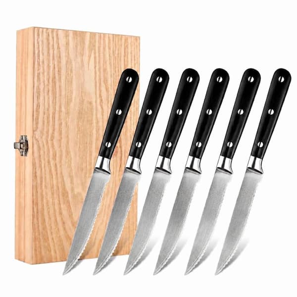 5 in. VG-10 Damascus Steel 67-Layer Serrated Steak Knife Set with G10 Handle, Gift Box and Wooden Case (6-Piece)