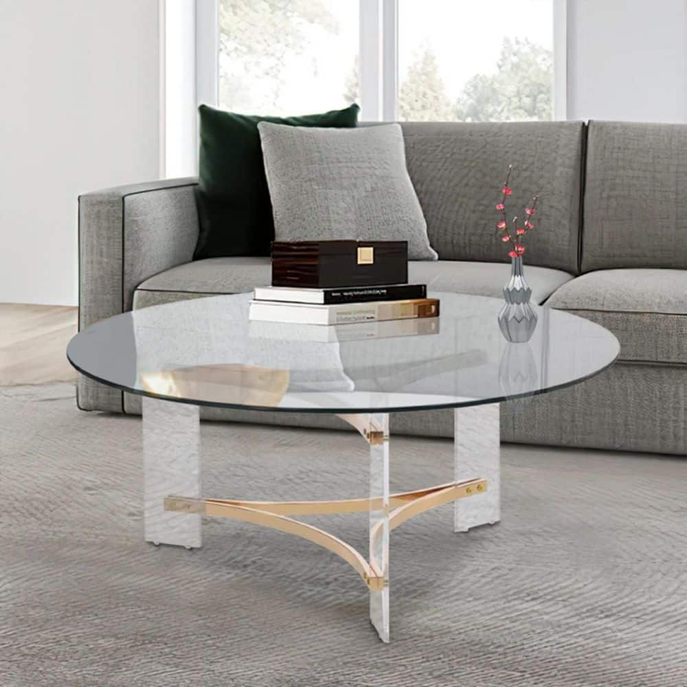 41 in. Clear/Gold Round Glass Top Coffee Table