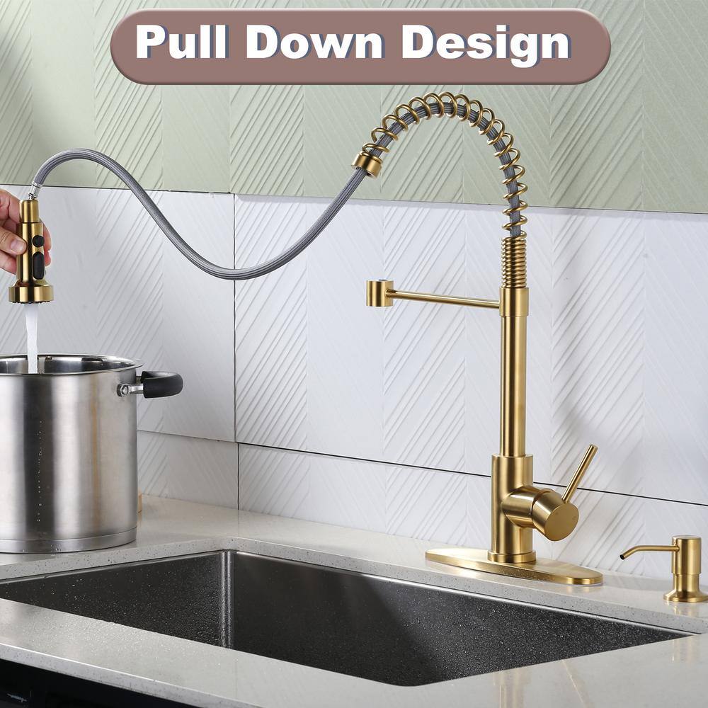 Brushed Gold Stainless Steel Pull Down Kitchen Faucet with Soap Dispenser