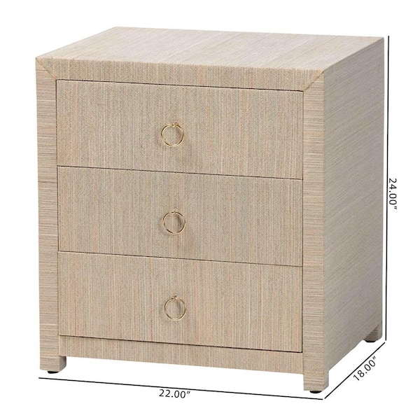 bali & pari Quinn Natural Grasscloth 3-Drawer Nightstand 254-14031