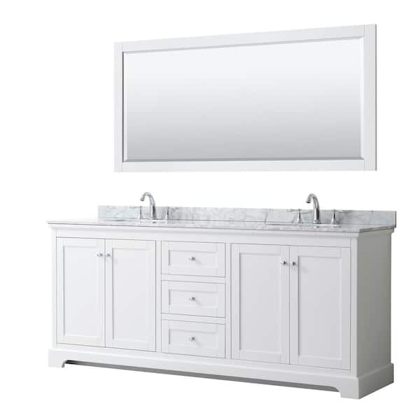 Wyndham Collection Avery 80 in. W x 22 in. D Bath Vanity in White with Marble Vanity Top in White Carrara with White Basins and Mirror