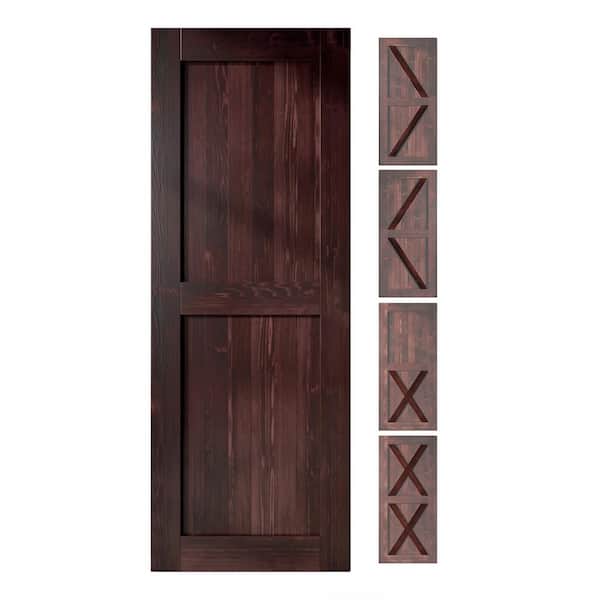 HOMACER 32 in. x 80 in. 5 in. 1 Design Red Mahogany Solid Natural Pine Wood Panel Interior Sliding Barn Door Slab Frame
