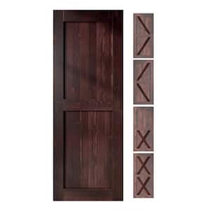 34 in. x 80 in. 5-in-1 Design Red Mahogany Solid Natural Pine Wood Panel Interior Sliding Barn Door Slab with Frame