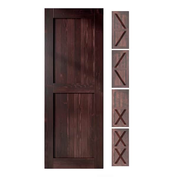 HOMACER 38 in. x 80 in. 5-in-1 Design Red Mahogany Solid Natural Pine Wood Panel Interior Sliding Barn Door Slab with Frame