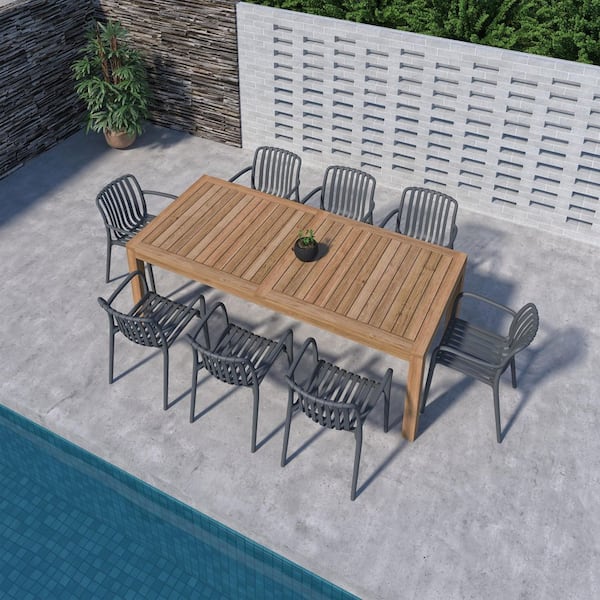 Georgette 9-Piece Solid Teak Wood 100% FSC Rectangular Patio Dining Set Grey
