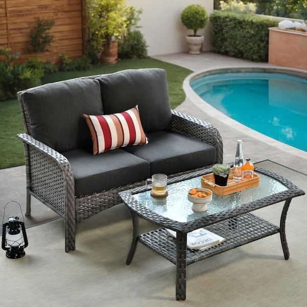 Gray Wicker 2-Piece Outdoor Loveseat Patio Loveseat Set with Black Cushions and Glass Coffee Table for Small Space