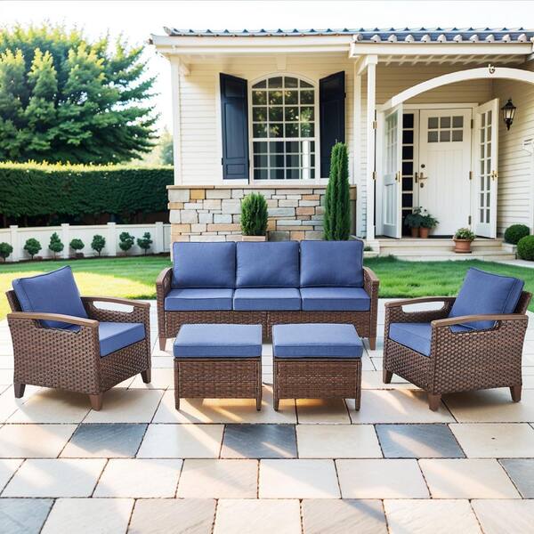 Kelsey 5-Piece Brown Wicker Sofa Seating Set with Ottomans and Blue Cushions