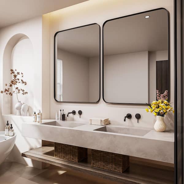 HOMEIBRO 40 in. W x 30 in. H Tempered Glass Rectangular Framed Wall-Mounted Bathroom Vanity Mirror in Black