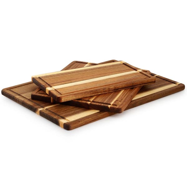3 Piece 7 in., 10 in., and 17 in. Acacia Wood Cutting Board Set with Juice Grooves