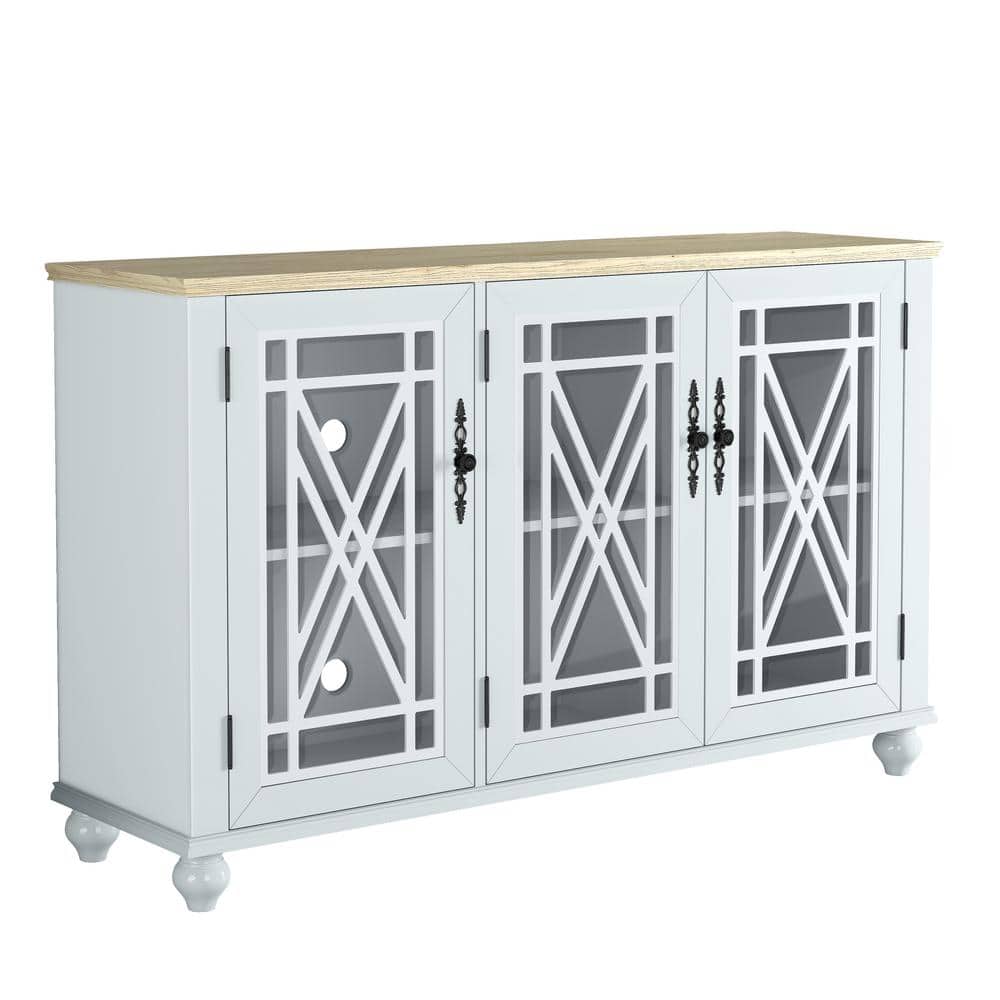 Grayish-White Vintage Wood and Glass Sideboard Cabinet