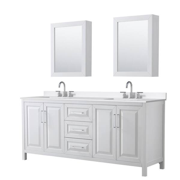 Wyndham Collection Daria 80 in. W x 22 in. D x 35.75 in. H Double Bath Vanity in White with White Quartz Top and Mirrors