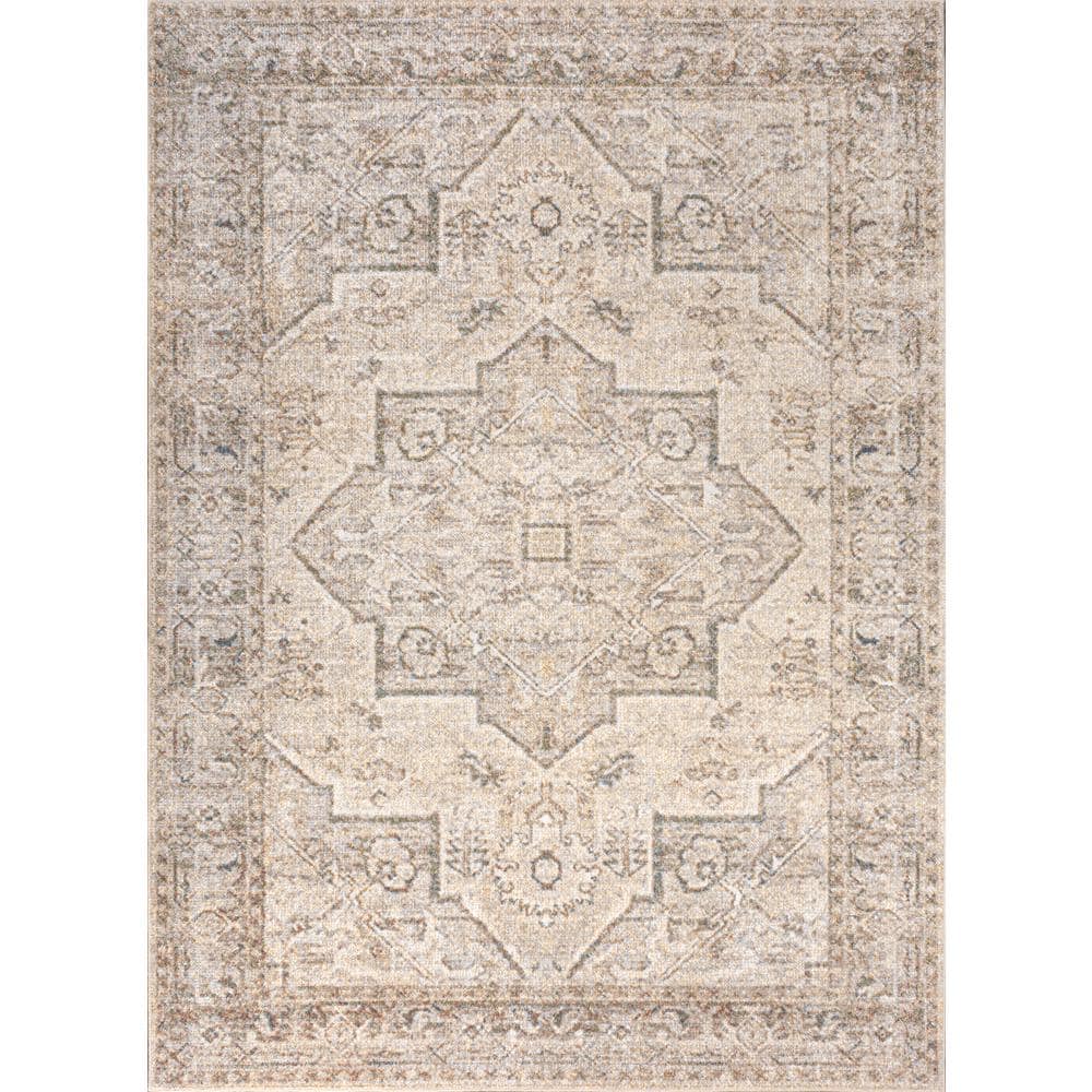 Cream and Brown Medallion Washable Synthetic Area Rug 5'3" x 7'7"