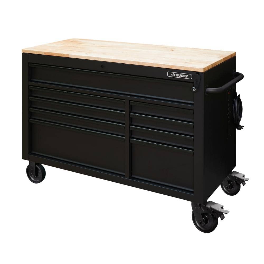 Husky 52 in. W x 25 in. D Heavy Duty 9-Drawer Mobile Workbench Cabinet with Adjustable-Height Hardwood Top in Matte Black, Matte Black with Black Trim -  HOLC5209BB1M