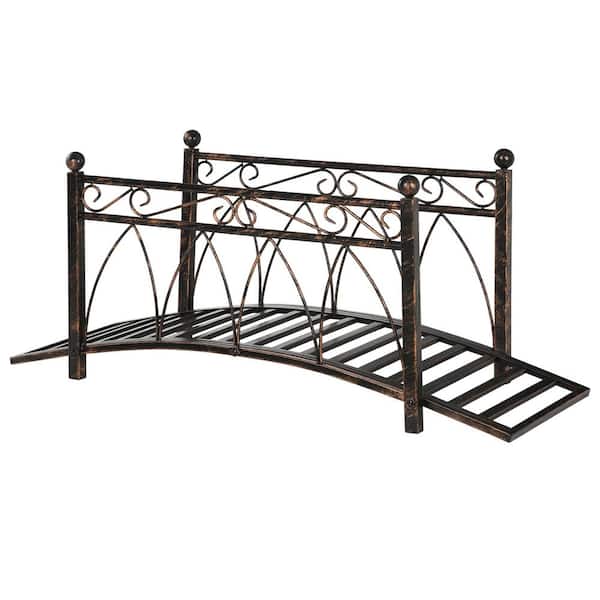 Metal Arch Zen Garden Bridge with Safety Siderails, Decorative Footbridge, Delicate Scrollwork and Corner Spheres