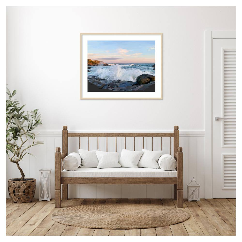 Crashing Waves Ocean Scene 41"x33" Brown Wood Framed Wall Art