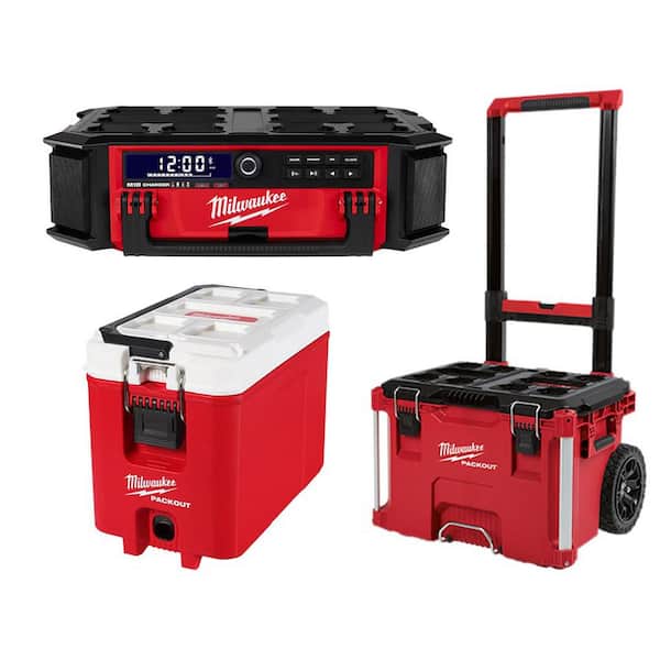 Milwaukee M18 Lithium-Ion Cordless PACKOUT Radio/Speaker with Built-In  Charger w/PACKOUT 22 in. Rolling Tool Box  16 Qt. Cooler  2950-20-48-22-8426-48-22-8460 The Home Depot