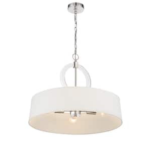 Cape Coral 4-Light Polished Nickel Drum Pendant with White Fabric Shade and Etched Glass Diffuser