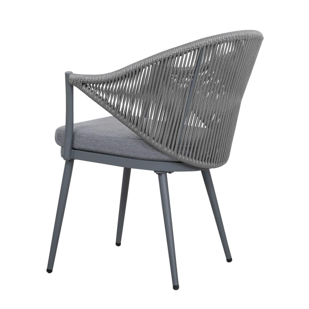Gray Aluminum Rope Dining Chairs with Cushions, Set of 2