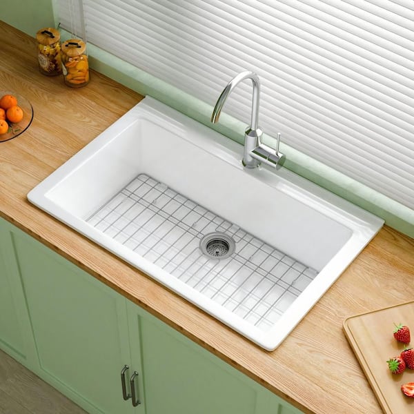 Fireclay Kitchen Sink 33 in. Drop in Topmount Single Bowl White Kitchen Sink 1 Faucet Hole with Bottom Grid and Strainer