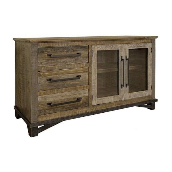 Benjara Gray, Brown and Black Wood Top 59.75 in. Sideboard with 2 Glass-Doors