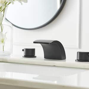 8 in. Widespread Waterfall Double Handle Three Holes Bathroom Faucet With Led Light in Matte Black