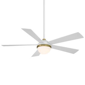 54 in. Satin LED Brass Matte White Eclipse Indoor and Outdoor 5-Blade Smart Ceiling Fan with 3000K Light Kit and Remote