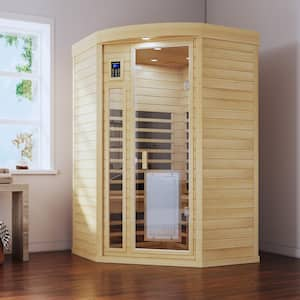 2-Person Hemlock Indoor Corner Infrared Sauna with 11-Carbon Far Infrared Heaters and Low EMF