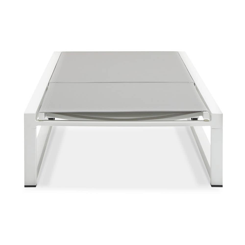 Light gray metal chaise lounge set against a white background.