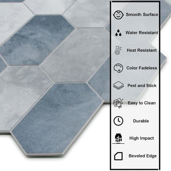 Small Long Hexagon 6 in. x 6 in. Blue SPC Peel and Stick Backsplash Stone Composite Wall Tile (1-Pack)