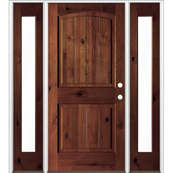 58 in. x 80 in. Knotty Alder Arch Top Left-Hand/Inswing Clear Glass BEHR Red Mahogany Stain Wood Prehung Front Door DFSL