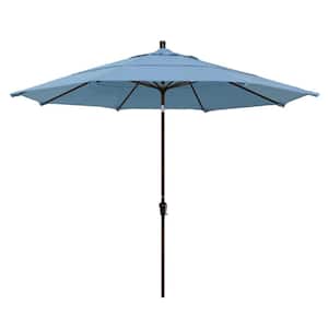 11 ft. Bronze Aluminum Pole Market Aluminum Ribs Auto Tilt Crank Lift Outdoor Patio Umbrella in Air Blue Sunbrella