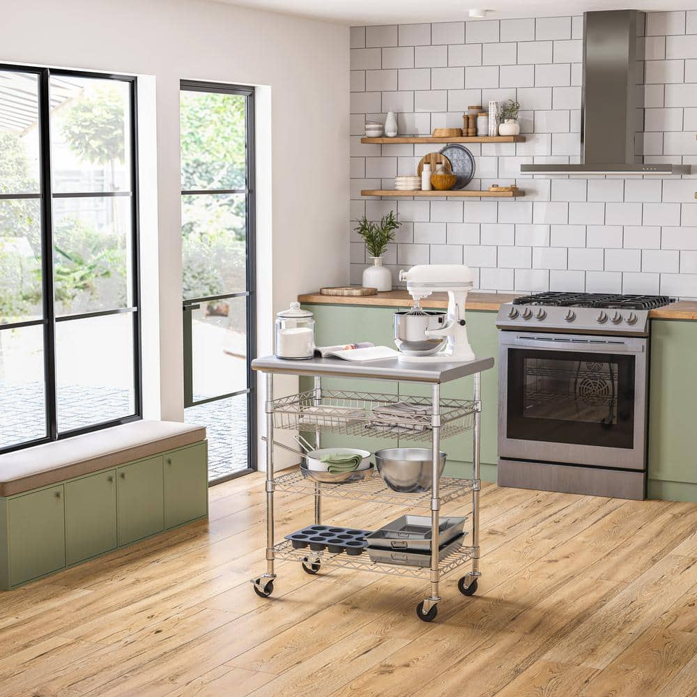 Stainless Steel Kitchen Cart with Adjustable Shelves and Wheels