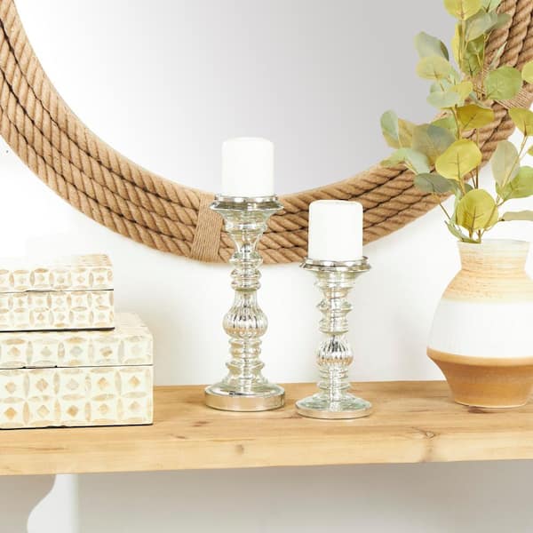 Litton Lane Silver Metal Handmade Turned Style Pillar Candle Holder (Set of 2)