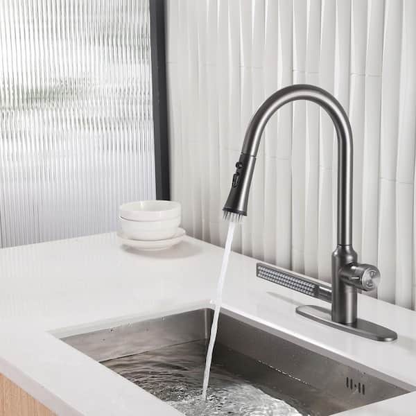 1-Handle 18 in. H Pull Down Sprayer Kitchen Faucet 3-Spray Fixed Sink Faucet 2 GPM with Side Spray in Gray