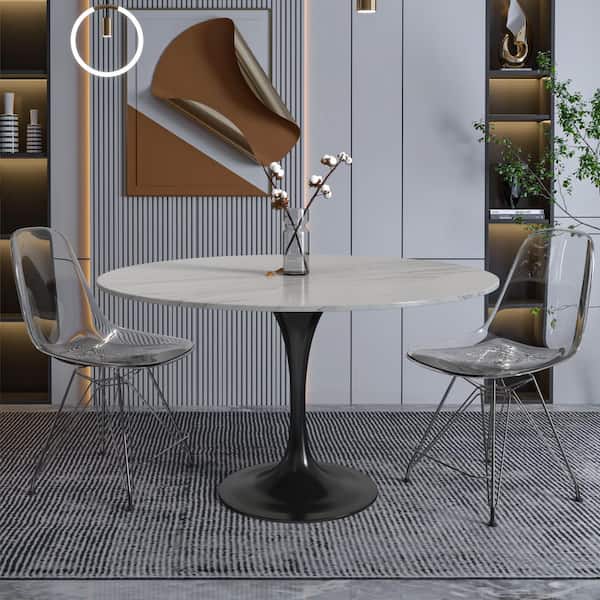 Verve Modern White Sintered Stone 48 in. Tabletop with Black Stainless Steel Pedestal Base Dining Table Seats 4