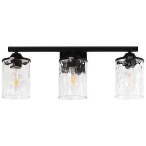23.2 in. 3-Light Matte Black Linear Classic Modern Bathroom Vanity Light Wall Light with Clear Hammered Glass Shades