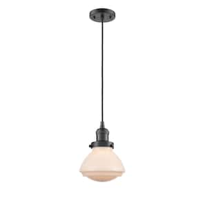 Olean 1-Light Oil Rubbed Bronze Schoolhouse Pendant Light with Matte White Glass Shade