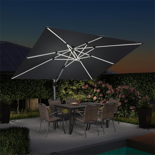 PURPLE LEAF 9 ft. x 12 ft. Aluminum Solar Powered LED Patio Cantilever Offset Umbrella with Wheels Base, Gray