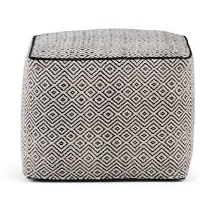 Brynn Square Pouf in Patterned Black and Natural Cotton