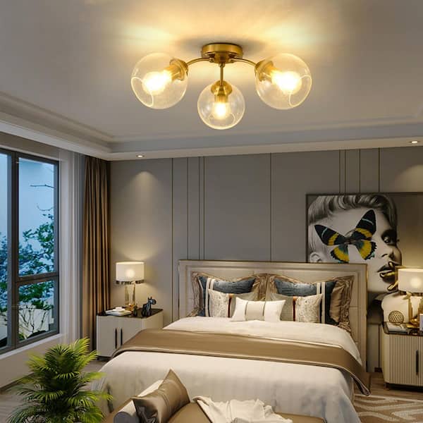 20.47 in. 3-Light Gold Modern Semi-Flush Mount with Seeded Glass Shade